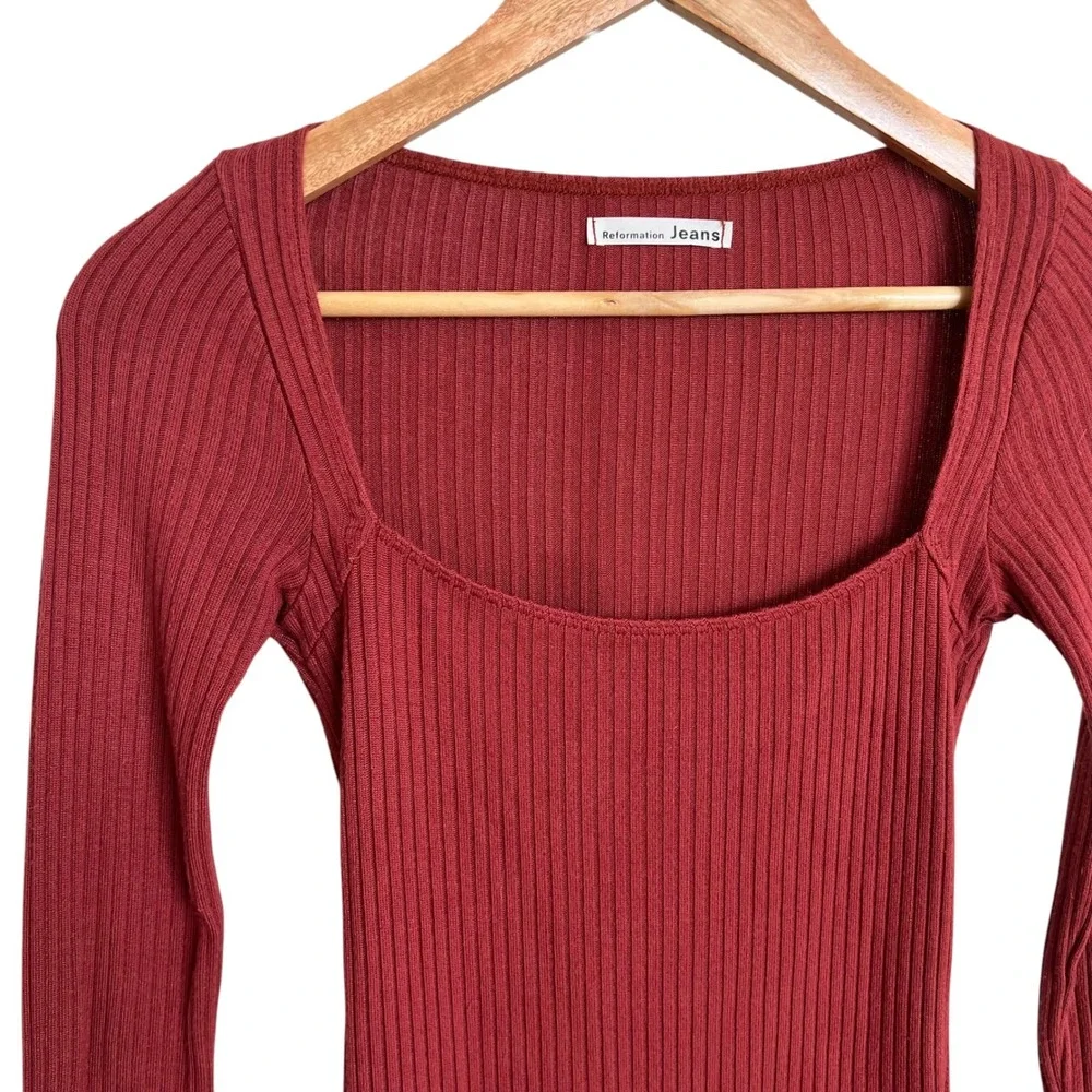 Reformation Bethany Ribbed Square Neck Long Sleeve Top Rust Orange SZ XS